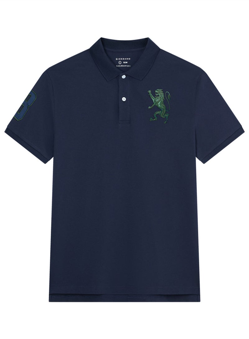 GIORDANO Men’s Slim Fit 3D Lion Embroidery Lycra Pique Polo - Image 3